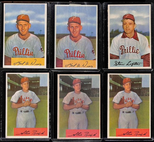 Lot of (16) 1954 Bowman Phillies Cards including Curt Simmons, Del Ennis, Forest Burgess, Granny Hamner, and more