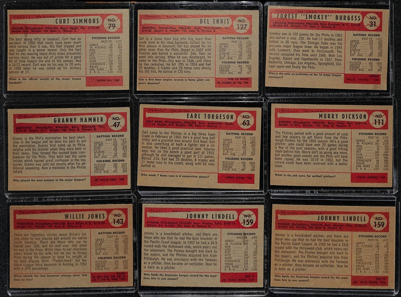 Lot of (16) 1954 Bowman Phillies Cards including Curt Simmons, Del Ennis, Forest Burgess, Granny Hamner, and more