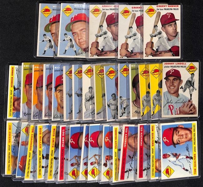 Lot of (35) 1954 and 1955 Topps Phillies Cards including (3) 1954 Topps Granny Hamner, (2) 1954 Topps Willie Jones, and more.