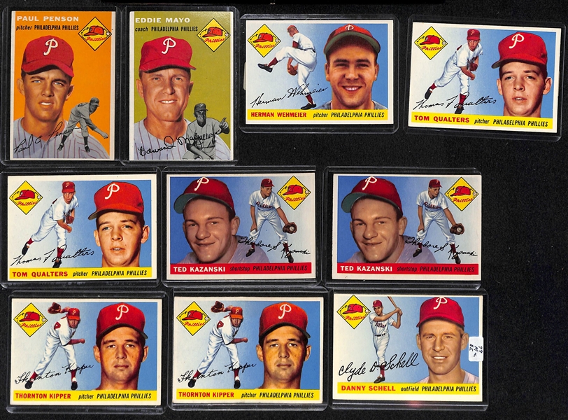 Lot of (35) 1954 and 1955 Topps Phillies Cards including (3) 1954 Topps Granny Hamner, (2) 1954 Topps Willie Jones, and more.