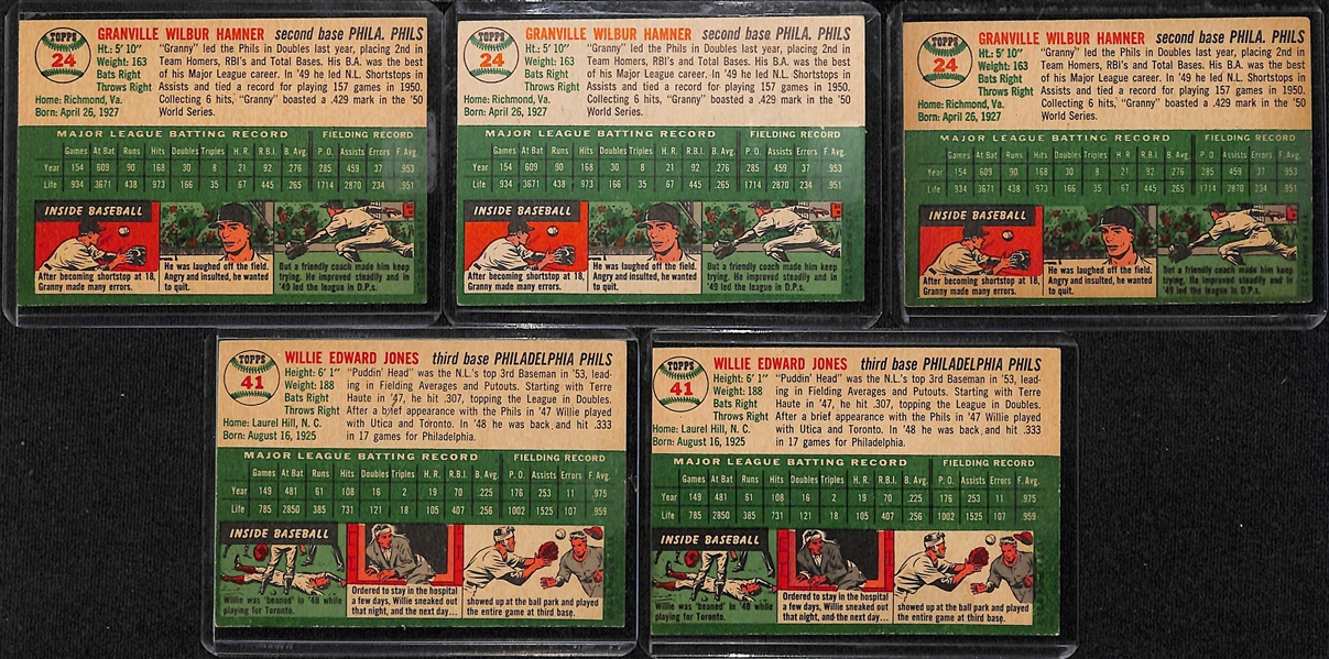 Lot of (35) 1954 and 1955 Topps Phillies Cards including (3) 1954 Topps Granny Hamner, (2) 1954 Topps Willie Jones, and more.