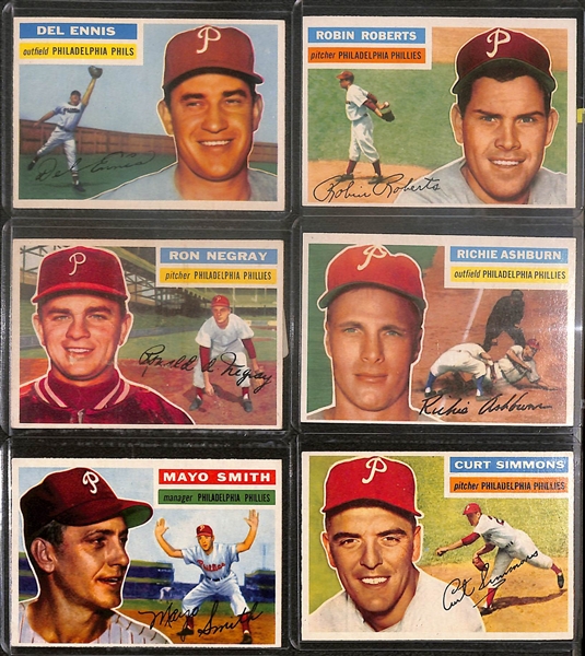 Lot of (27) 1956 Topps Phillies Cards inc. Robin Roberts, Richie Ashburn, Curt Simmons, Del Ennis, +