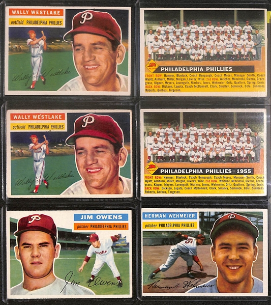 Lot of (27) 1956 Topps Phillies Cards inc. Robin Roberts, Richie Ashburn, Curt Simmons, Del Ennis, +