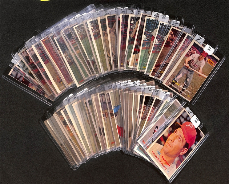 Lot of (50) 1957 Topps Phillies Cards inc. (2) Richie Ashburn, Robin Roberts, (2) Curt Simmons, Granny Hamner, +