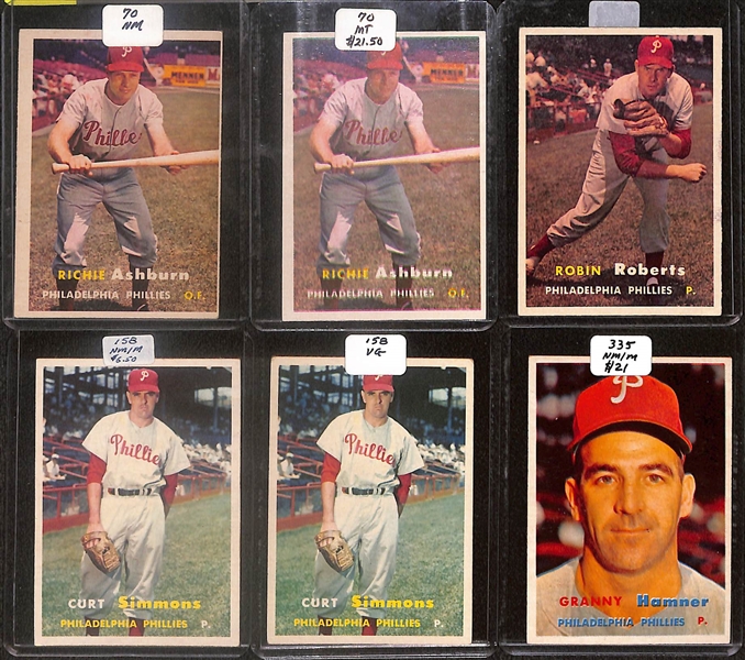 Lot of (50) 1957 Topps Phillies Cards inc. (2) Richie Ashburn, Robin Roberts, (2) Curt Simmons, Granny Hamner, +