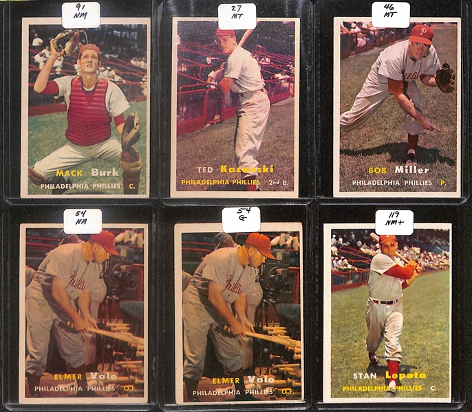 Lot of (50) 1957 Topps Phillies Cards inc. (2) Richie Ashburn, Robin Roberts, (2) Curt Simmons, Granny Hamner, +