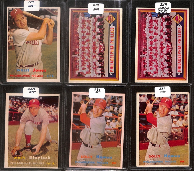 Lot of (50) 1957 Topps Phillies Cards inc. (2) Richie Ashburn, Robin Roberts, (2) Curt Simmons, Granny Hamner, +