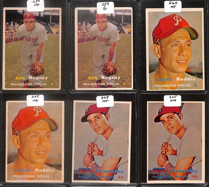 Lot of (50) 1957 Topps Phillies Cards inc. (2) Richie Ashburn, Robin Roberts, (2) Curt Simmons, Granny Hamner, +