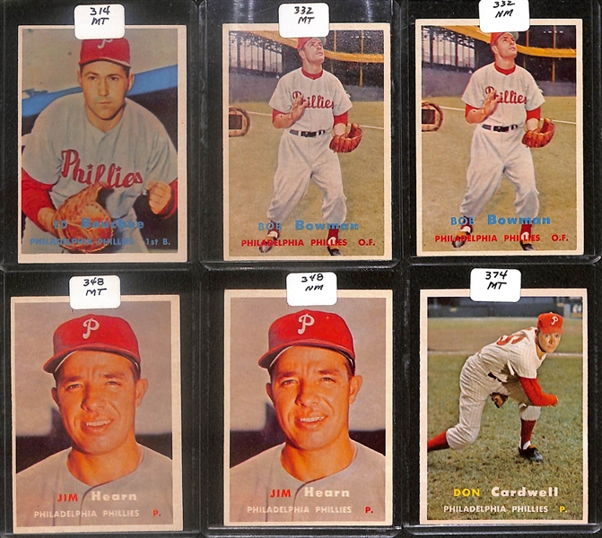 Lot of (50) 1957 Topps Phillies Cards inc. (2) Richie Ashburn, Robin Roberts, (2) Curt Simmons, Granny Hamner, +