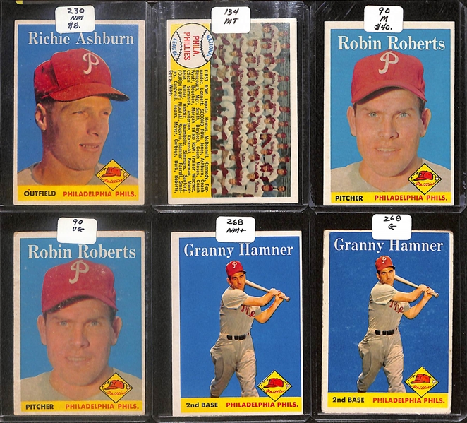 Lot of (36) 1958 Topps Phillies Cards inc. Richie Ashburn, Team Card, (2) Robin Roberts, (2) Granny Hamner, +