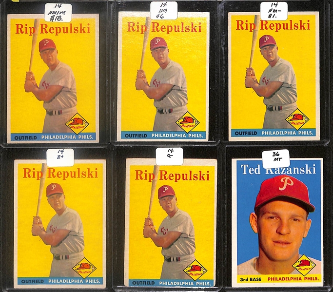 Lot of (36) 1958 Topps Phillies Cards inc. Richie Ashburn, Team Card, (2) Robin Roberts, (2) Granny Hamner, +