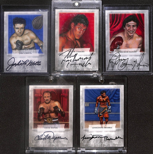 Lot of (5) 2009 Sportkings Mecca Cigarettes Boxing Champions Autographs- Jake LaMotta, Hector Camacho, Boom Boom Mancini, Chuck Wepner, Livingstone Bramble