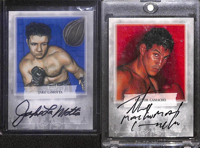 Lot of (5) 2009 Sportkings Mecca Cigarettes Boxing Champions Autographs- Jake LaMotta, Hector Camacho, Boom Boom Mancini, Chuck Wepner, Livingstone Bramble