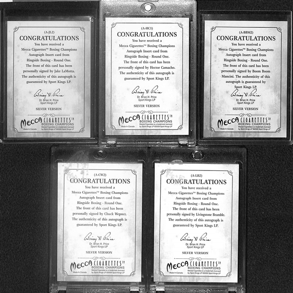 Lot of (5) 2009 Sportkings Mecca Cigarettes Boxing Champions Autographs- Jake LaMotta, Hector Camacho, Boom Boom Mancini, Chuck Wepner, Livingstone Bramble