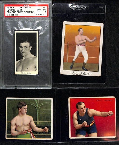 Lot of (4) Vintage 1910-1930 Boxing Cards inc. 1938 FC Cartledge Tommy Farr Famous Prize Fighters (PSA 8), 1910 T220 Mecca Cigarettes John L Sullivan, + 