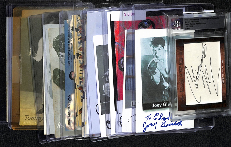 Lot of (16) Boxing Autographs + Photos inc. 2013 Leaf Legends of the Ring Genaro Hernandez Cut Signatures (#/13), Joey Giardello Autograph, Chico Veiar Autograph, (3) Carmen Basilio Autographs, +...