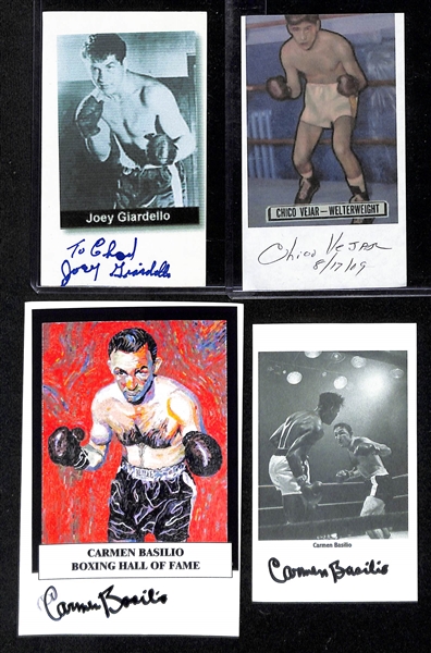 Lot of (16) Boxing Autographs + Photos inc. 2013 Leaf Legends of the Ring Genaro Hernandez Cut Signatures (#/13), Joey Giardello Autograph, Chico Veiar Autograph, (3) Carmen Basilio Autographs, +...