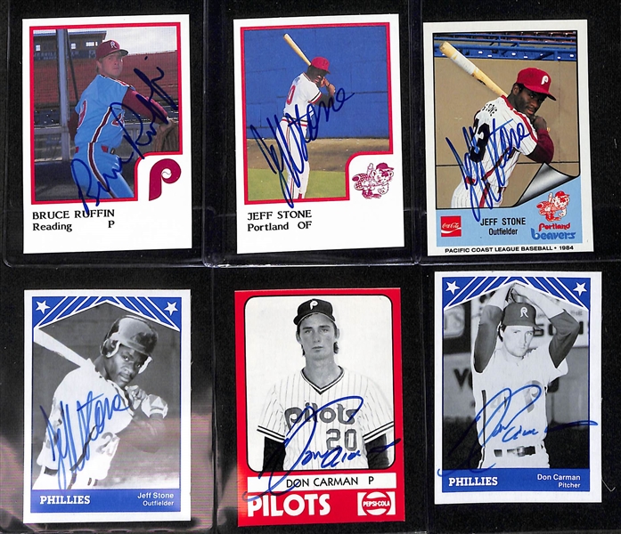 Lot of (55+) 1970s- 1990s Minor League Baseball Team Sets and Partial Sets with (14) Autographs inc. Bruce Ruffin, (3) Jeff Stone, (3) Don Carman, + (Beckett BAS Reviewed)