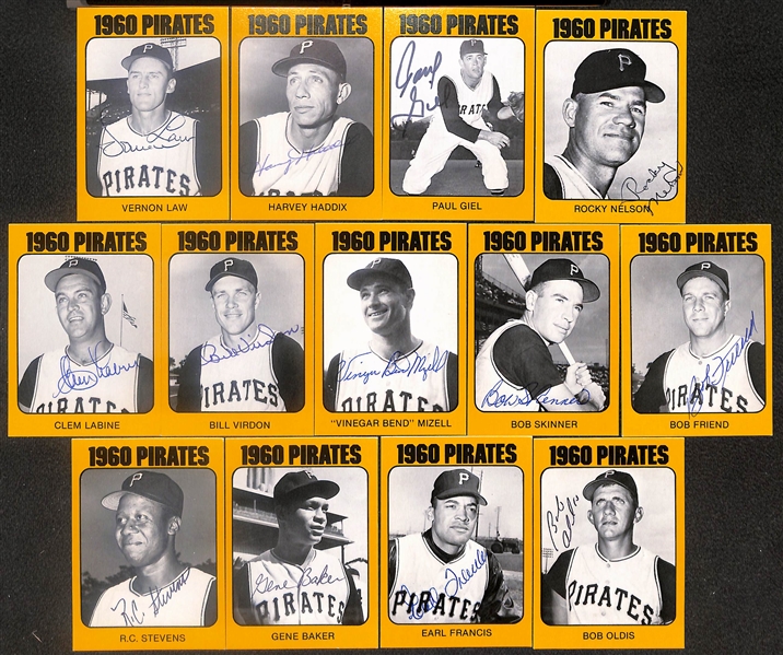 Lot of (13) Signed 1980 TCMA 1960 Pirates Cards inc. Vernon Law, Harvey Haddix, Paul Giel, Rocky Nelson, Clem Labine, Bill Virdon, +  (Beckett BAS Reviewed)