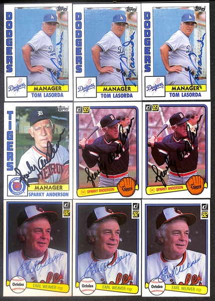 Lot of (45) Signed 1980s Donruss/Topps Manager Cards inc. (3) Tom Lasorda, (3) Sparky Anderson, (3) Earl Weaver, (6) Whitey Herzog, + (Beckett BAS Reviewed)