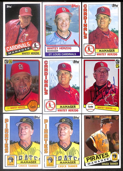 Lot of (45) Signed 1980s Donruss/Topps Manager Cards inc. (3) Tom Lasorda, (3) Sparky Anderson, (3) Earl Weaver, (6) Whitey Herzog, + (Beckett BAS Reviewed)