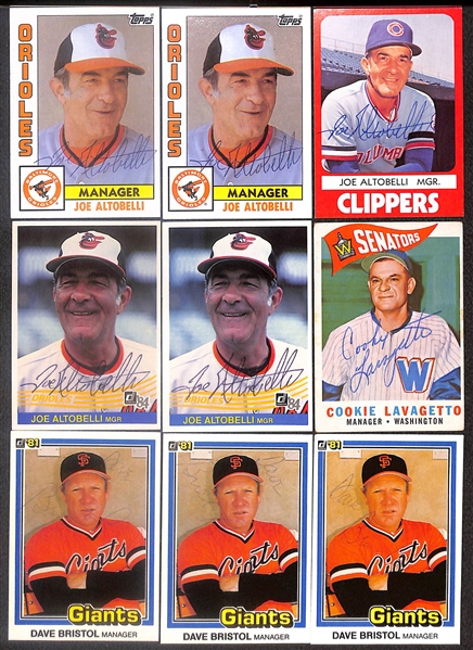 Lot of (45) Signed 1980s Donruss/Topps Manager Cards inc. (3) Tom Lasorda, (3) Sparky Anderson, (3) Earl Weaver, (6) Whitey Herzog, + (Beckett BAS Reviewed)