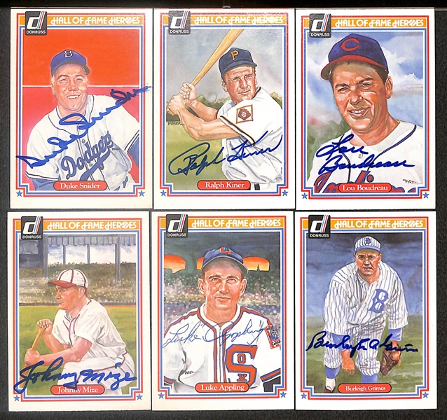 Lot of (6) Signed 1983 Donruss Hall of Fame Heroes Cards - Duke Snider, Ralph Kiner, Lou Boudreau, Johnny Mize, Luke Appling, Burleigh Grimes (Beckett BAS Reviewed)