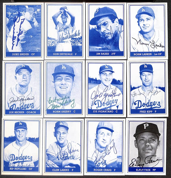 Lot of (12) Signed 1980 TCMA 1959 Dodgers Cards inc. Duke Snider, Don Drysdale, Jim Baxes, Norm Laker, Joe Becker, Norm Sherry, + (Beckett BAS Reviewed)