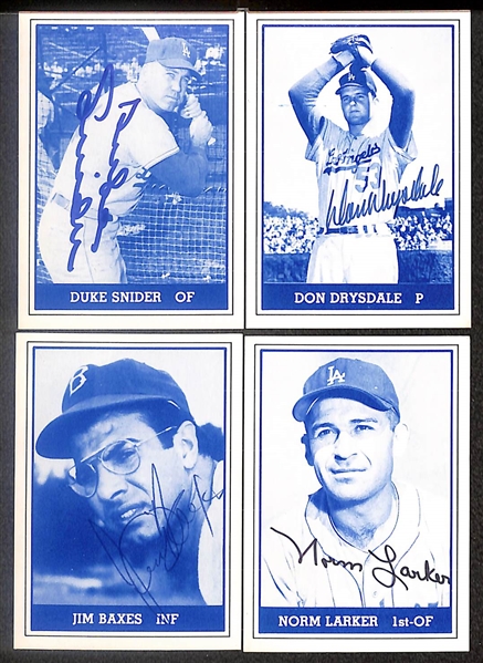 Lot of (12) Signed 1980 TCMA 1959 Dodgers Cards inc. Duke Snider, Don Drysdale, Jim Baxes, Norm Laker, Joe Becker, Norm Sherry, + (Beckett BAS Reviewed)