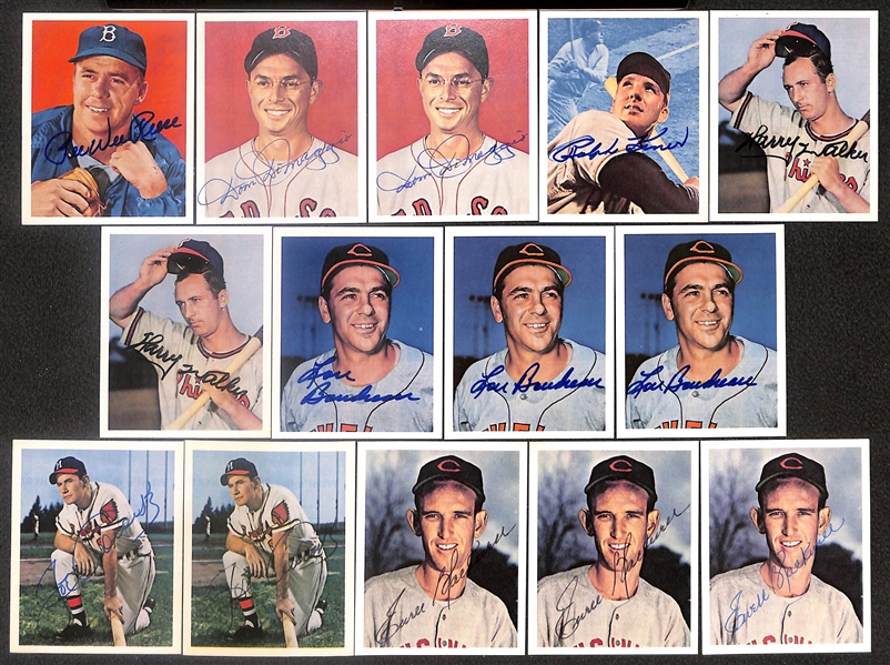 Lot of (14) Signed 1982 GS Gallery Cards inc. Pee Wee Reese, (2) Dom DiMaggio, Ralph Kiner, (2) Harry Walker, (3) Louis Boudreau, + (Beckett BAS Reviewed)