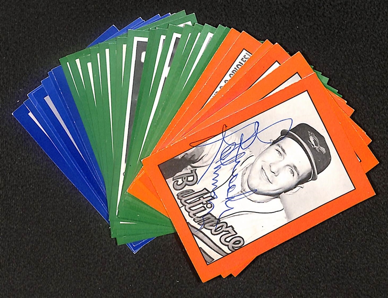 Lot of (29) Signed 1970s-1980s Old Timer Reprint Set Cards inc. Brooks Robinson, Bob Johnson, Larry Haney, Stu Miller, Hank Bauer, + (Beckett BAS Reviewed)