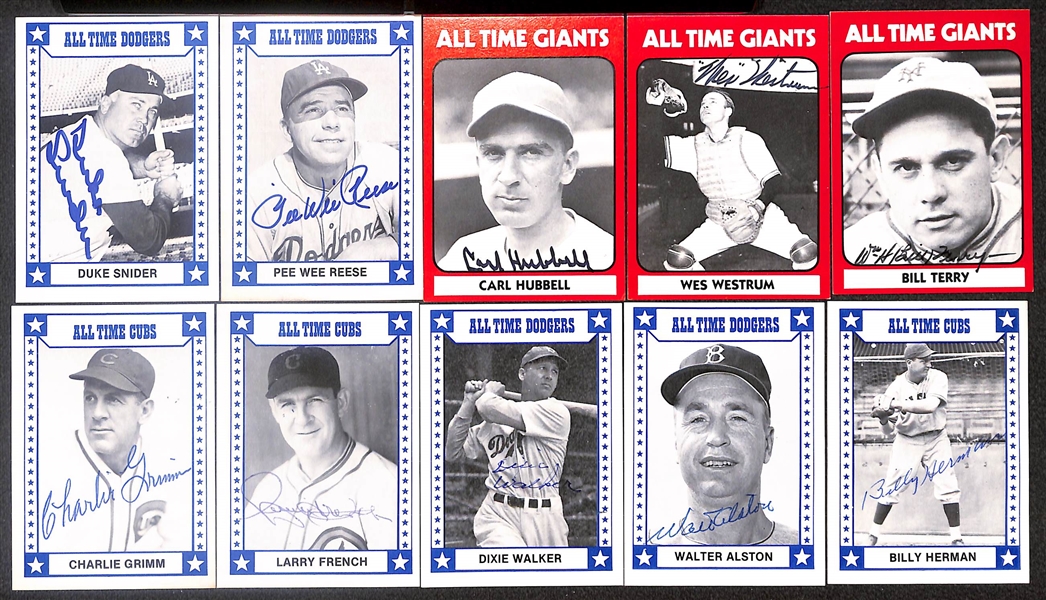 Lot of (10) Signed 1980 TCMA All Time Great Cards- Duke Snider, Pee Wee Reese, Carl Hubbell, Wes Westrum, Bill Terry, Charlie Grimm, Larry French, Dixie Walker, Walter Alston, Billy Herman (Beckett...