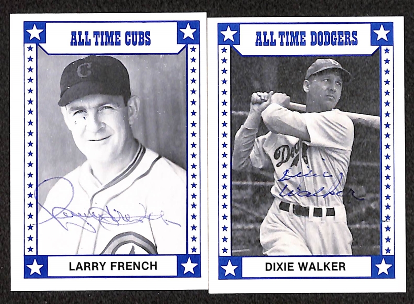 Lot of (10) Signed 1980 TCMA All Time Great Cards- Duke Snider, Pee Wee Reese, Carl Hubbell, Wes Westrum, Bill Terry, Charlie Grimm, Larry French, Dixie Walker, Walter Alston, Billy Herman (Beckett...