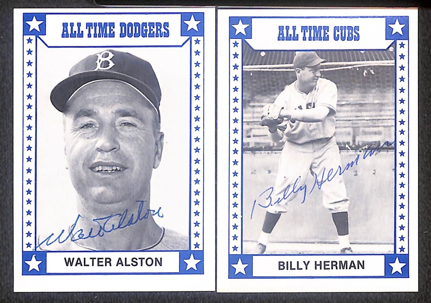 Lot of (10) Signed 1980 TCMA All Time Great Cards- Duke Snider, Pee Wee Reese, Carl Hubbell, Wes Westrum, Bill Terry, Charlie Grimm, Larry French, Dixie Walker, Walter Alston, Billy Herman (Beckett...