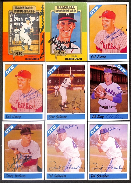 Lot of (42) Signed Old Timer Reprint Cards inc. Duke Snider, Warren Spahn, (2) Cal Emery, Stan Johnson, Al Lary, Corky Withrow, + (Beckett BAS Reviewed)