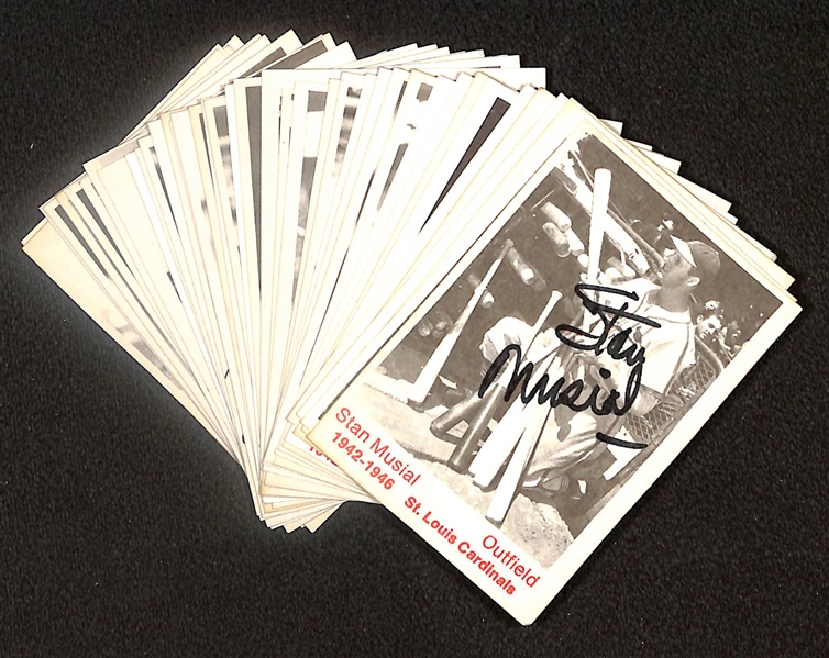 Lot of (42) Signed 1975 TCMA Cardinals Cards inc. Stan Musial, Leo Durcher, Joe Garagiola, Red Schoendienst, Dick Sisler, Enos Slaughter, + (Beckett BAS Reviewed)