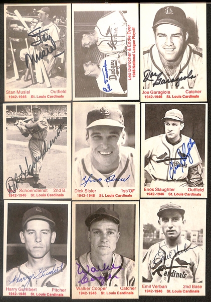 Lot of (42) Signed 1975 TCMA Cardinals Cards inc. Stan Musial, Leo Durcher, Joe Garagiola, Red Schoendienst, Dick Sisler, Enos Slaughter, + (Beckett BAS Reviewed)