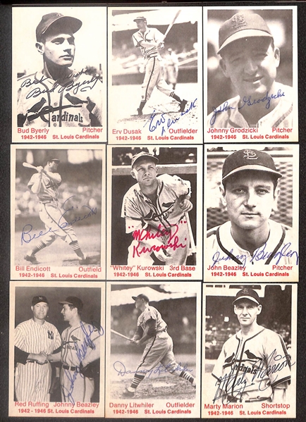 Lot of (42) Signed 1975 TCMA Cardinals Cards inc. Stan Musial, Leo Durcher, Joe Garagiola, Red Schoendienst, Dick Sisler, Enos Slaughter, + (Beckett BAS Reviewed)