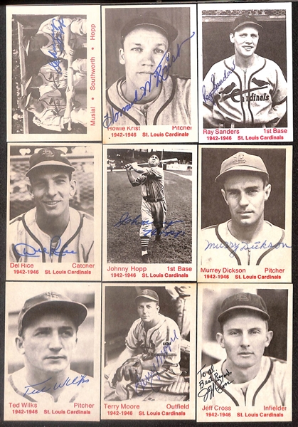 Lot of (42) Signed 1975 TCMA Cardinals Cards inc. Stan Musial, Leo Durcher, Joe Garagiola, Red Schoendienst, Dick Sisler, Enos Slaughter, + (Beckett BAS Reviewed)