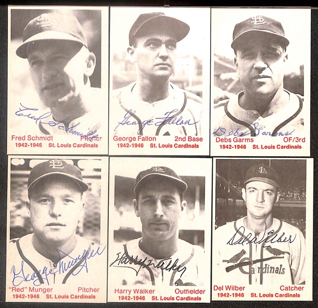 Lot of (42) Signed 1975 TCMA Cardinals Cards inc. Stan Musial, Leo Durcher, Joe Garagiola, Red Schoendienst, Dick Sisler, Enos Slaughter, + (Beckett BAS Reviewed)