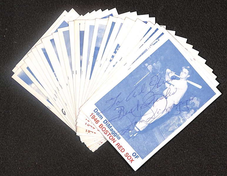 Lot of (24) Signed 1975 TCMA 1946 Red Sox Cards inc. Dom DiMaggio, Bobby Doerr, Johnny Pesky, Charlie Wagner, Mace Brown, + (Beckett BAS Reviewed)