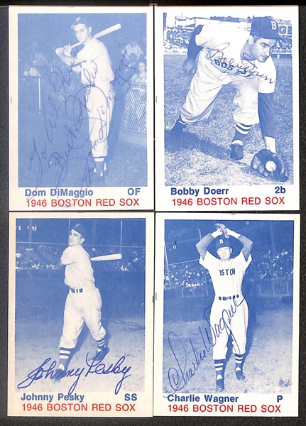 Lot of (24) Signed 1975 TCMA 1946 Red Sox Cards inc. Dom DiMaggio, Bobby Doerr, Johnny Pesky, Charlie Wagner, Mace Brown, + (Beckett BAS Reviewed)