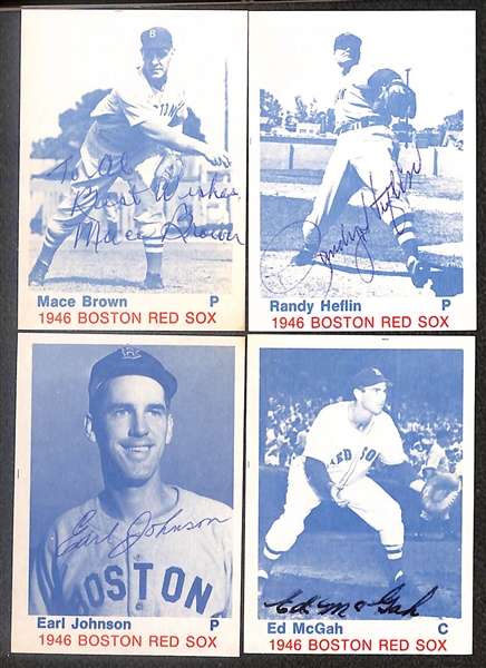 Lot of (24) Signed 1975 TCMA 1946 Red Sox Cards inc. Dom DiMaggio, Bobby Doerr, Johnny Pesky, Charlie Wagner, Mace Brown, + (Beckett BAS Reviewed)