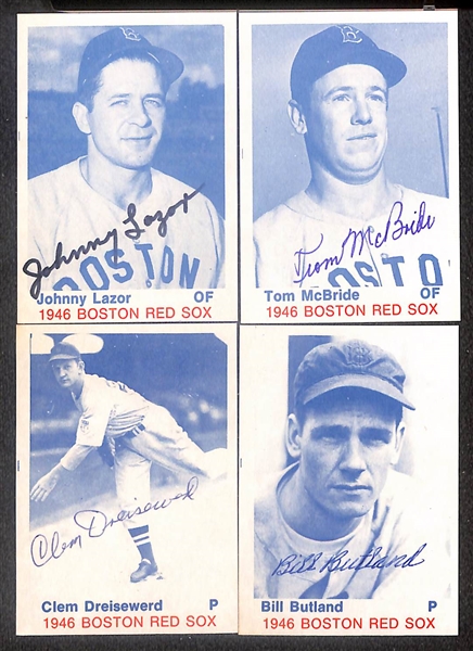 Lot of (24) Signed 1975 TCMA 1946 Red Sox Cards inc. Dom DiMaggio, Bobby Doerr, Johnny Pesky, Charlie Wagner, Mace Brown, + (Beckett BAS Reviewed)