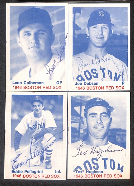 Lot of (24) Signed 1975 TCMA 1946 Red Sox Cards inc. Dom DiMaggio, Bobby Doerr, Johnny Pesky, Charlie Wagner, Mace Brown, + (Beckett BAS Reviewed)