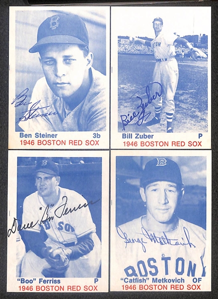 Lot of (24) Signed 1975 TCMA 1946 Red Sox Cards inc. Dom DiMaggio, Bobby Doerr, Johnny Pesky, Charlie Wagner, Mace Brown, + (Beckett BAS Reviewed)