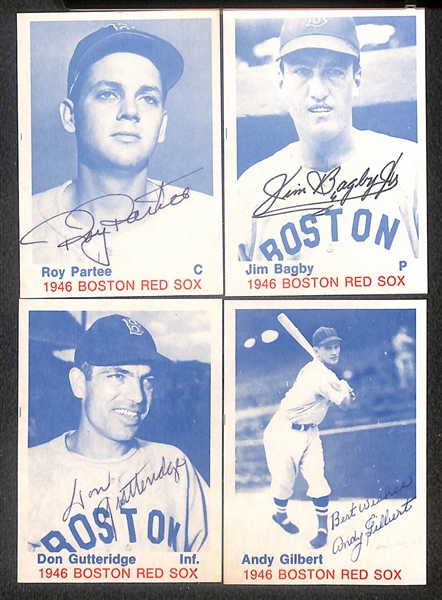 Lot of (24) Signed 1975 TCMA 1946 Red Sox Cards inc. Dom DiMaggio, Bobby Doerr, Johnny Pesky, Charlie Wagner, Mace Brown, + (Beckett BAS Reviewed)