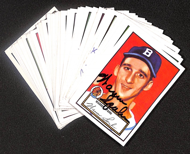 Lot of (38) Signed 1980 1952 Topps Reprint Cards inc. Warren Spahn, Mickey Vernon, Johnny Presky, Del Ennis, Floyd Baker, + (Beckett BAS Reviewed)