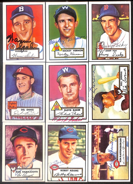 Lot of (38) Signed 1980 1952 Topps Reprint Cards inc. Warren Spahn, Mickey Vernon, Johnny Presky, Del Ennis, Floyd Baker, + (Beckett BAS Reviewed)