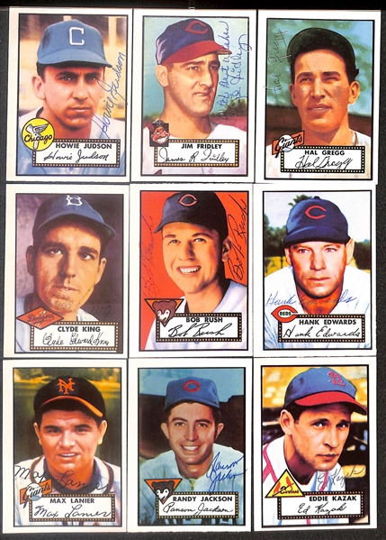 Lot of (38) Signed 1980 1952 Topps Reprint Cards inc. Warren Spahn, Mickey Vernon, Johnny Presky, Del Ennis, Floyd Baker, + (Beckett BAS Reviewed)